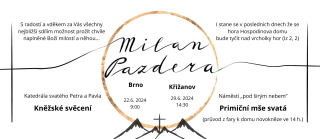 Pozvánka na kněžské svěcení a primici otce Milana Pazdery